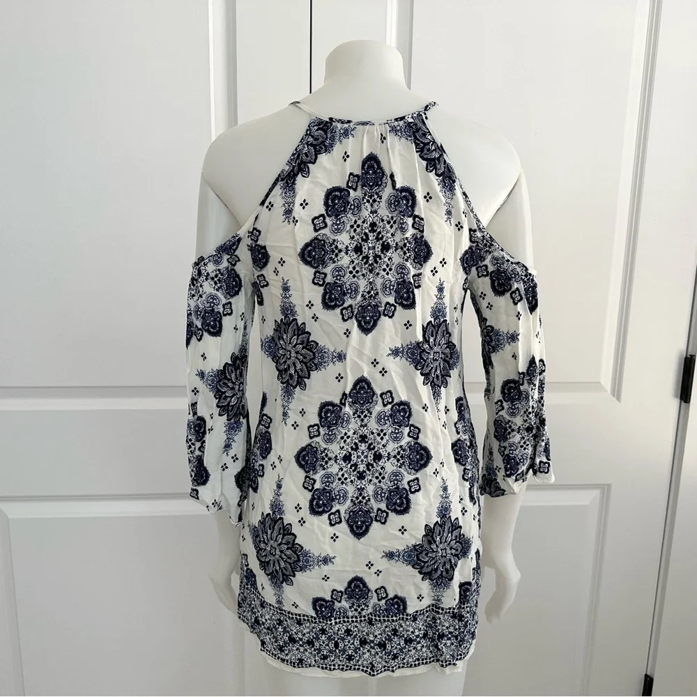 Blue & White Floral Paisley Print Boho Festival Cutout Dress - Picture 3 of 17